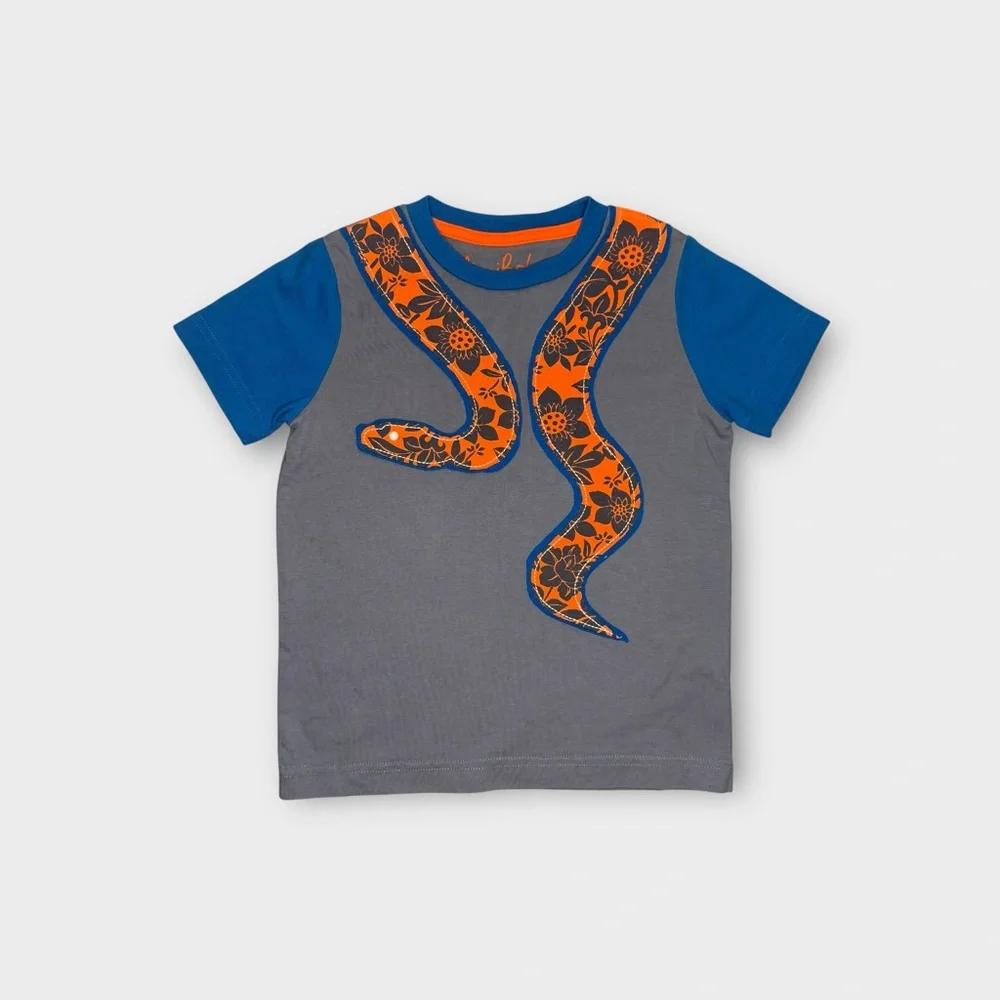 Mini Boden Neon Orange Snake Floral Applique Gray Shirt